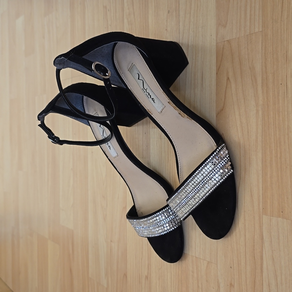 NINA Women's Elenora Black Dress Sandal Suede Leather Block Heels Size 8M
